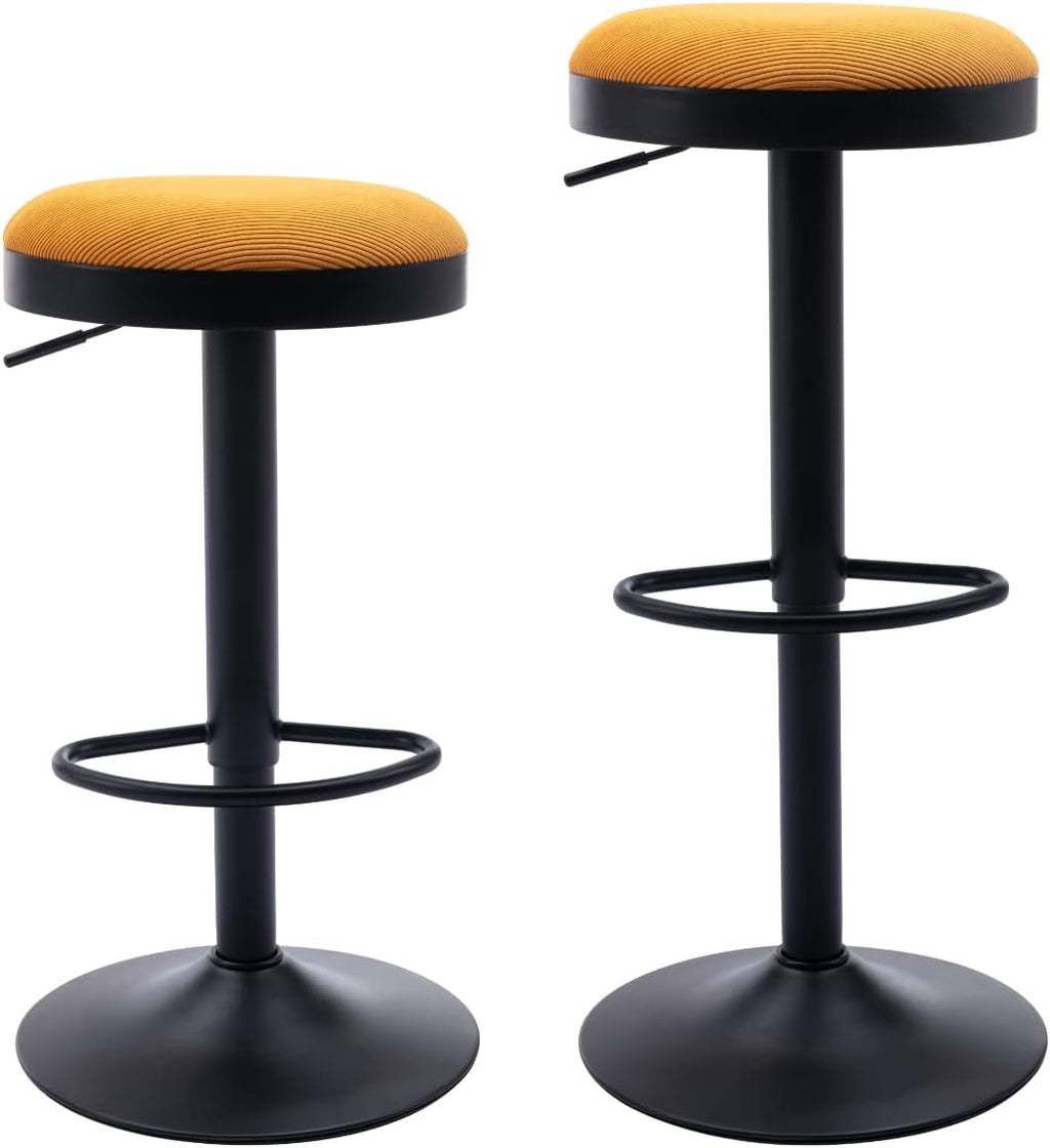 2 Yellow Corduroy Adjustable Swivel Bar Stools