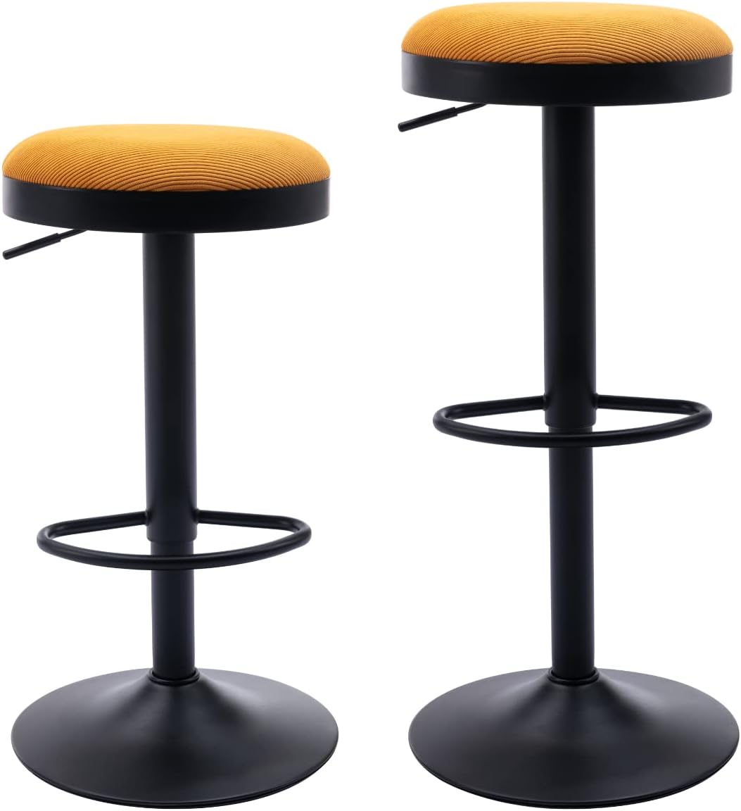 2 Yellow Corduroy Adjustable Swivel Bar Stools