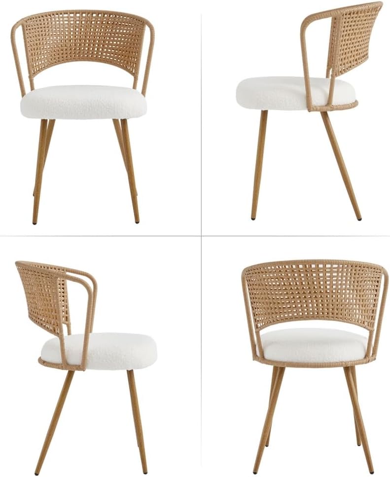 Beige Knit Rattan Dining Chairs Set of 2