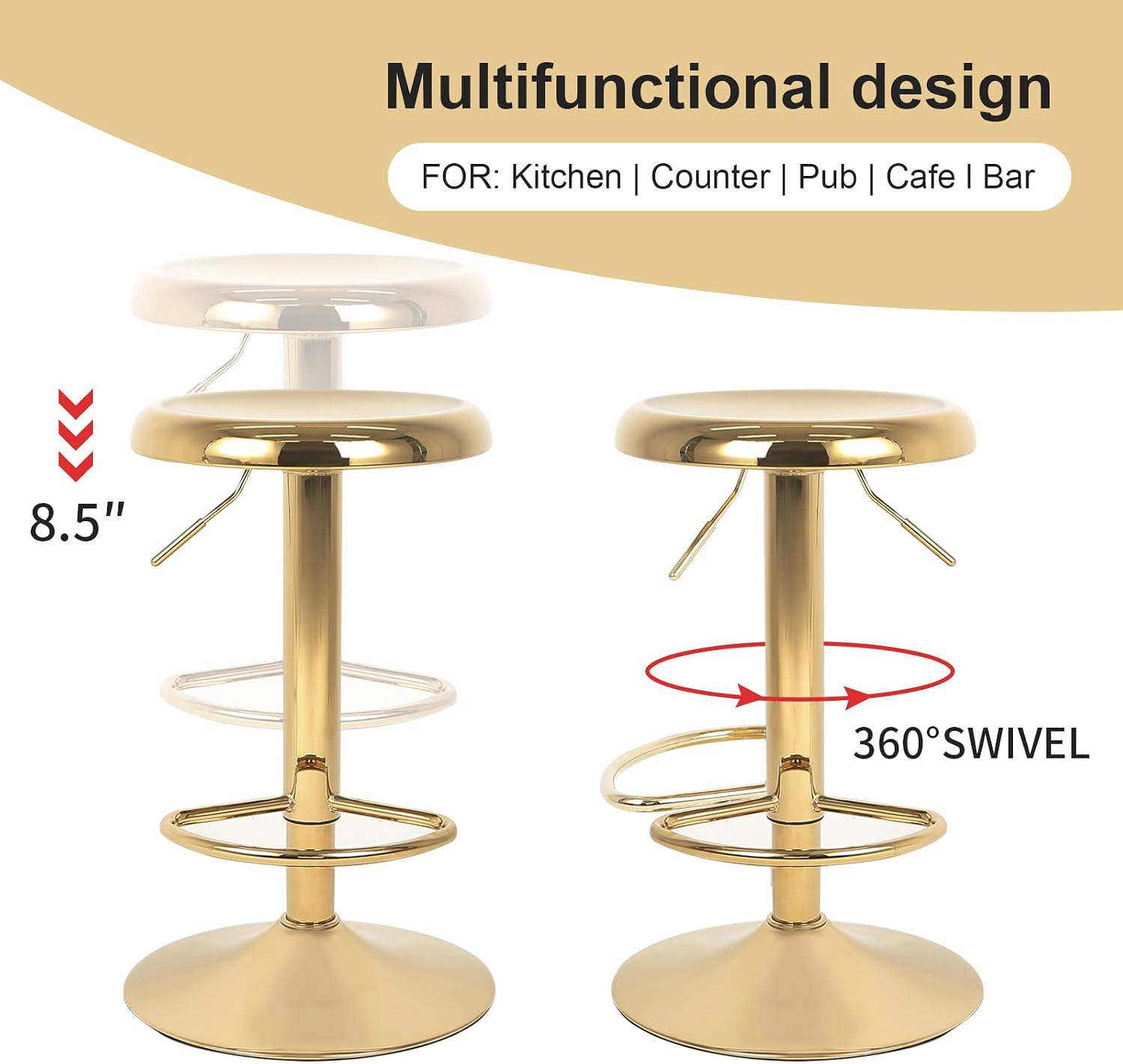 2 Gold Adjustable Swivel Bar Stools Set