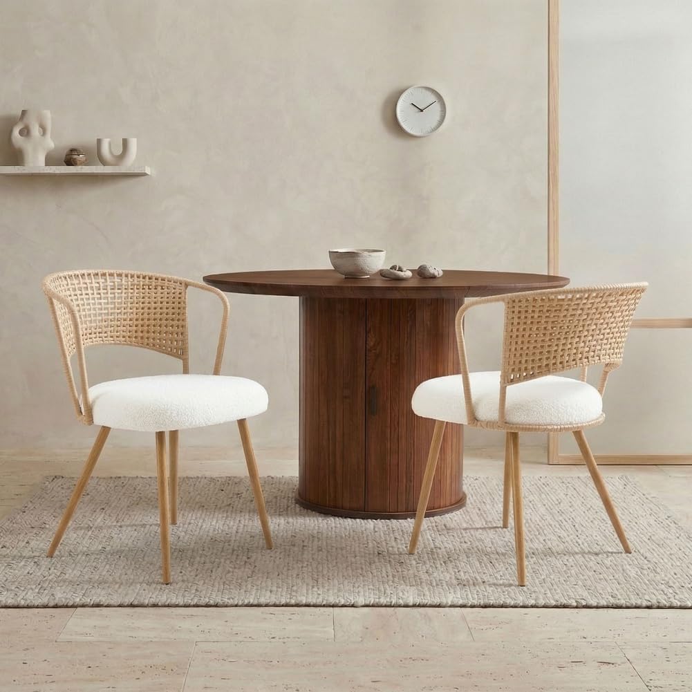 Beige Knit Rattan Dining Chairs Set of 2