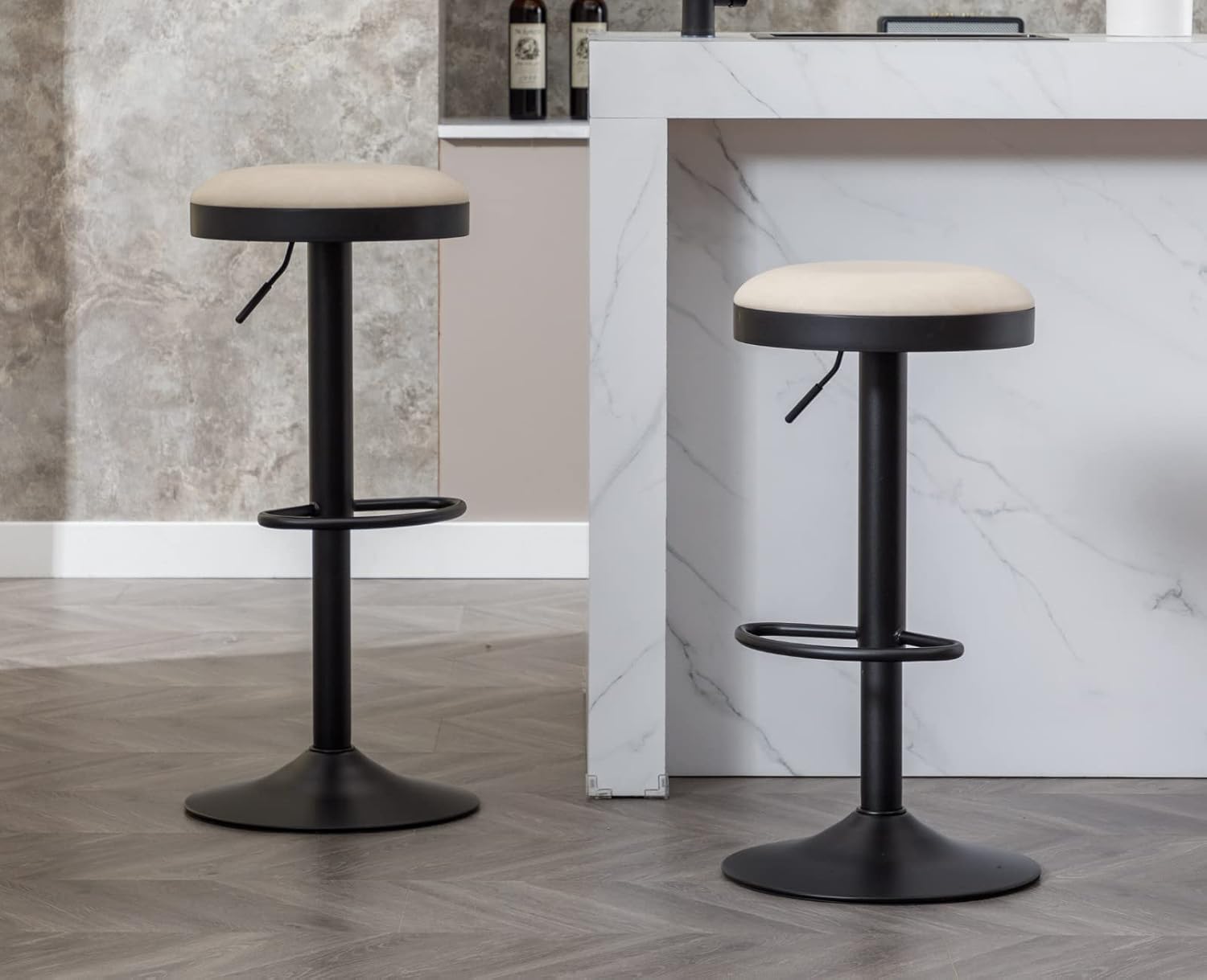 2 Beige Leather Adjustable Swivel Bar Stools