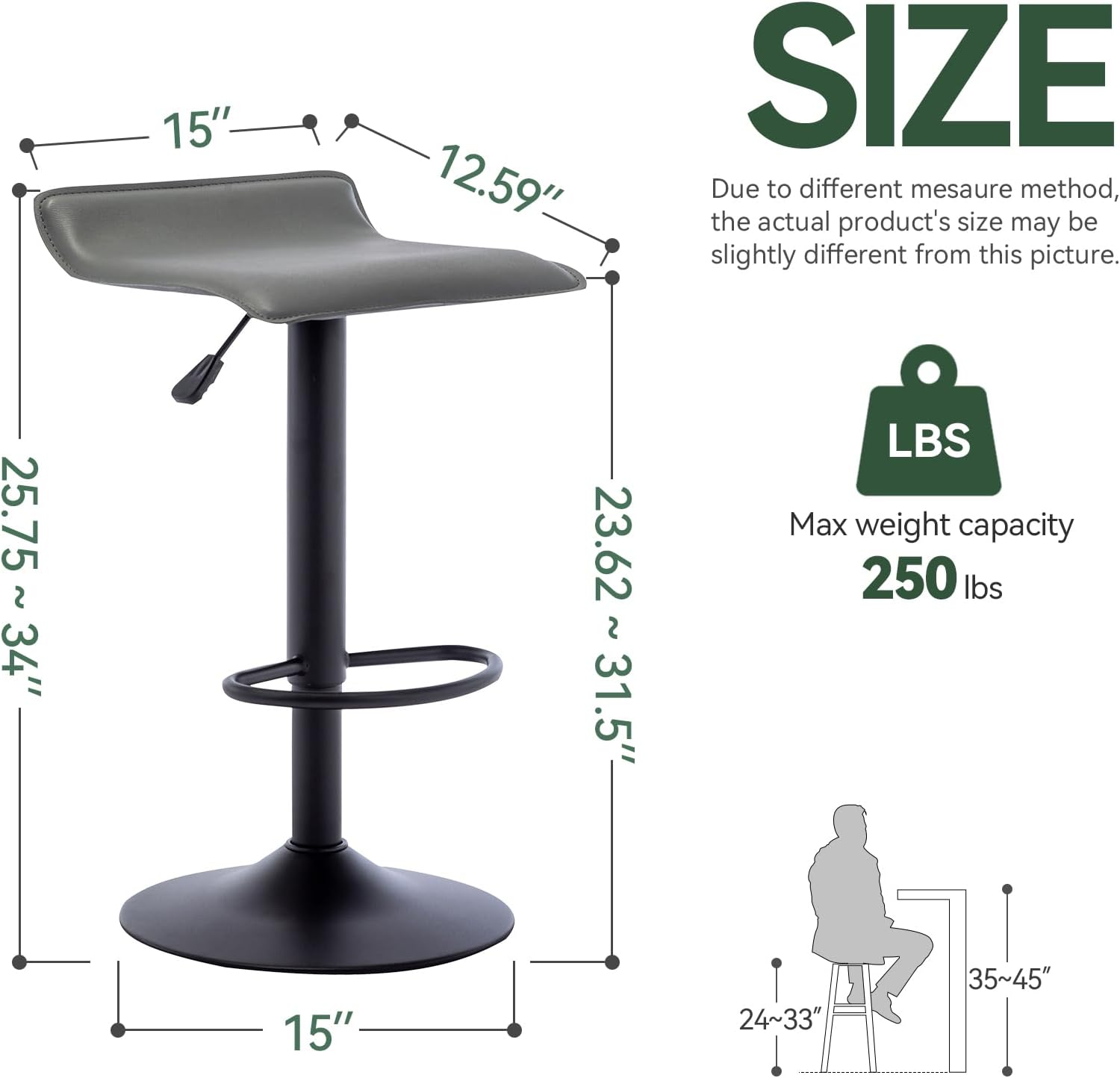 2 Grey PU Leather Adjustable Swivel Bar Stools