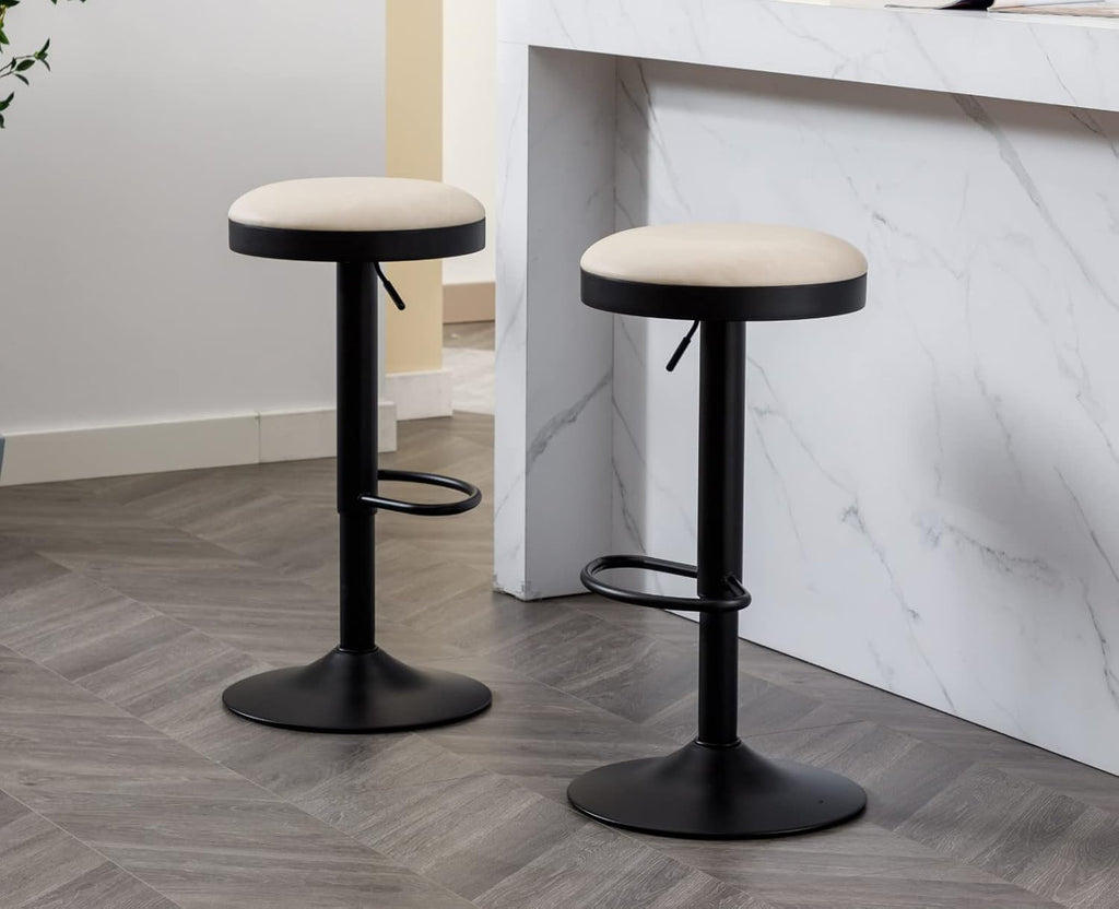 2 Beige Leather Adjustable Swivel Bar Stools