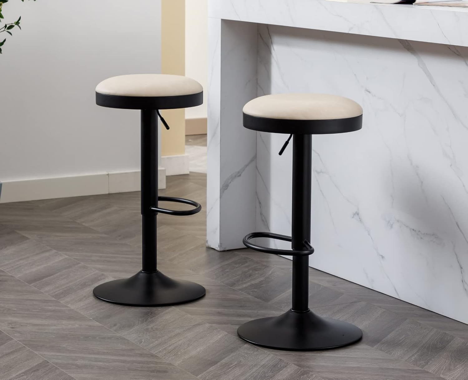 2 Beige Leather Adjustable Swivel Bar Stools