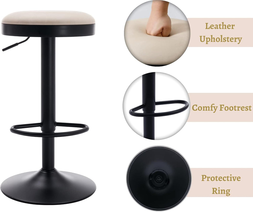 2 Beige Leather Adjustable Swivel Bar Stools