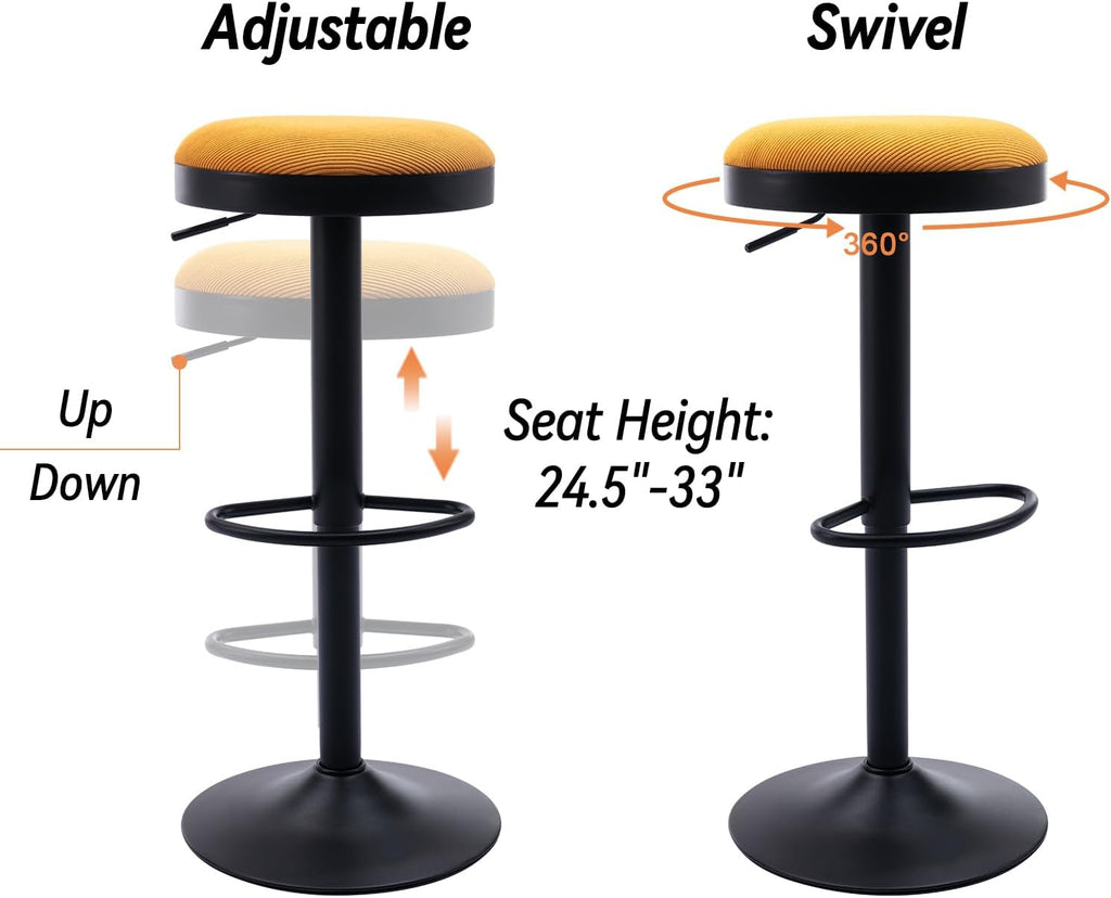 2 Yellow Corduroy Adjustable Swivel Bar Stools