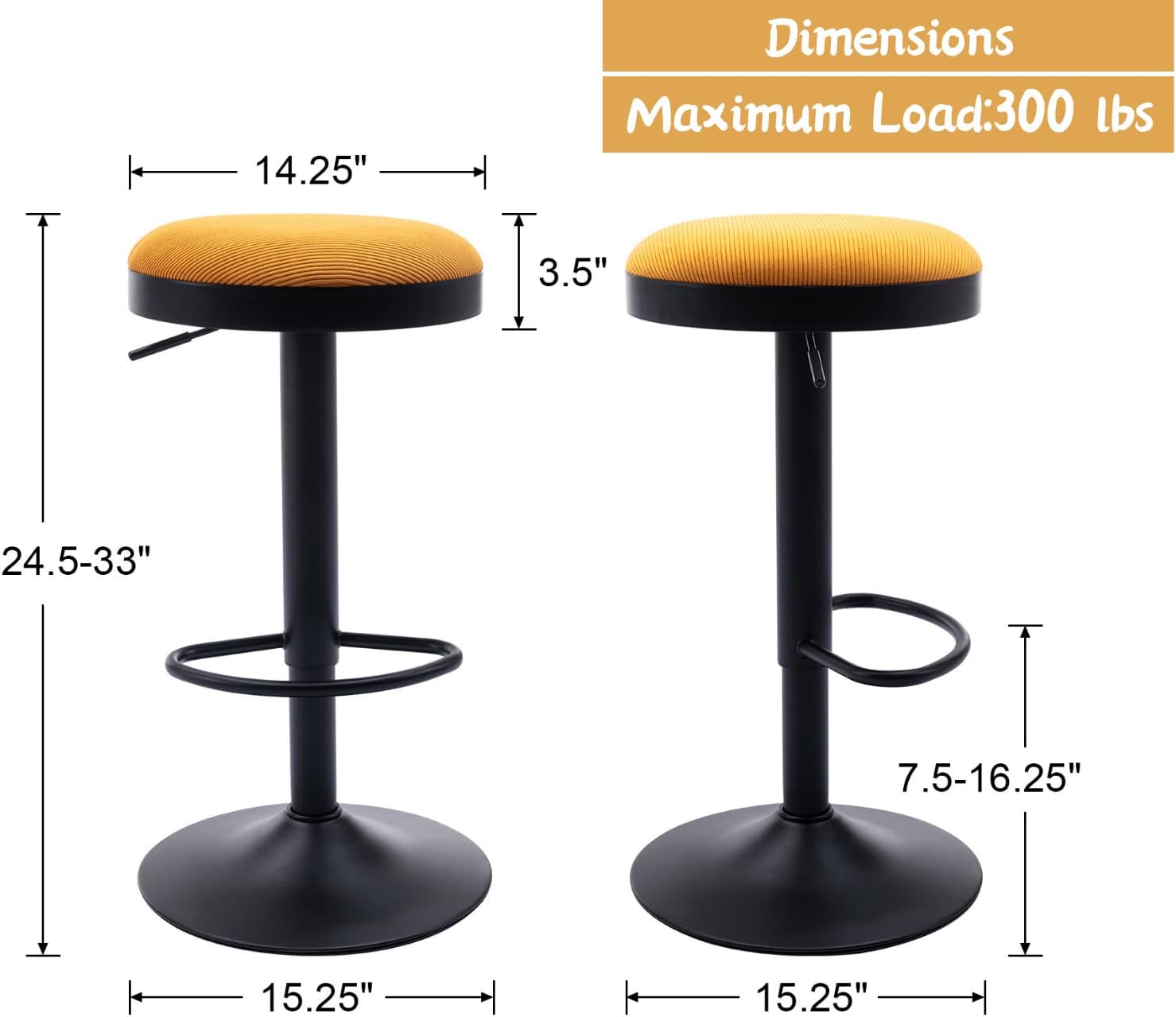 2 Yellow Corduroy Adjustable Swivel Bar Stools