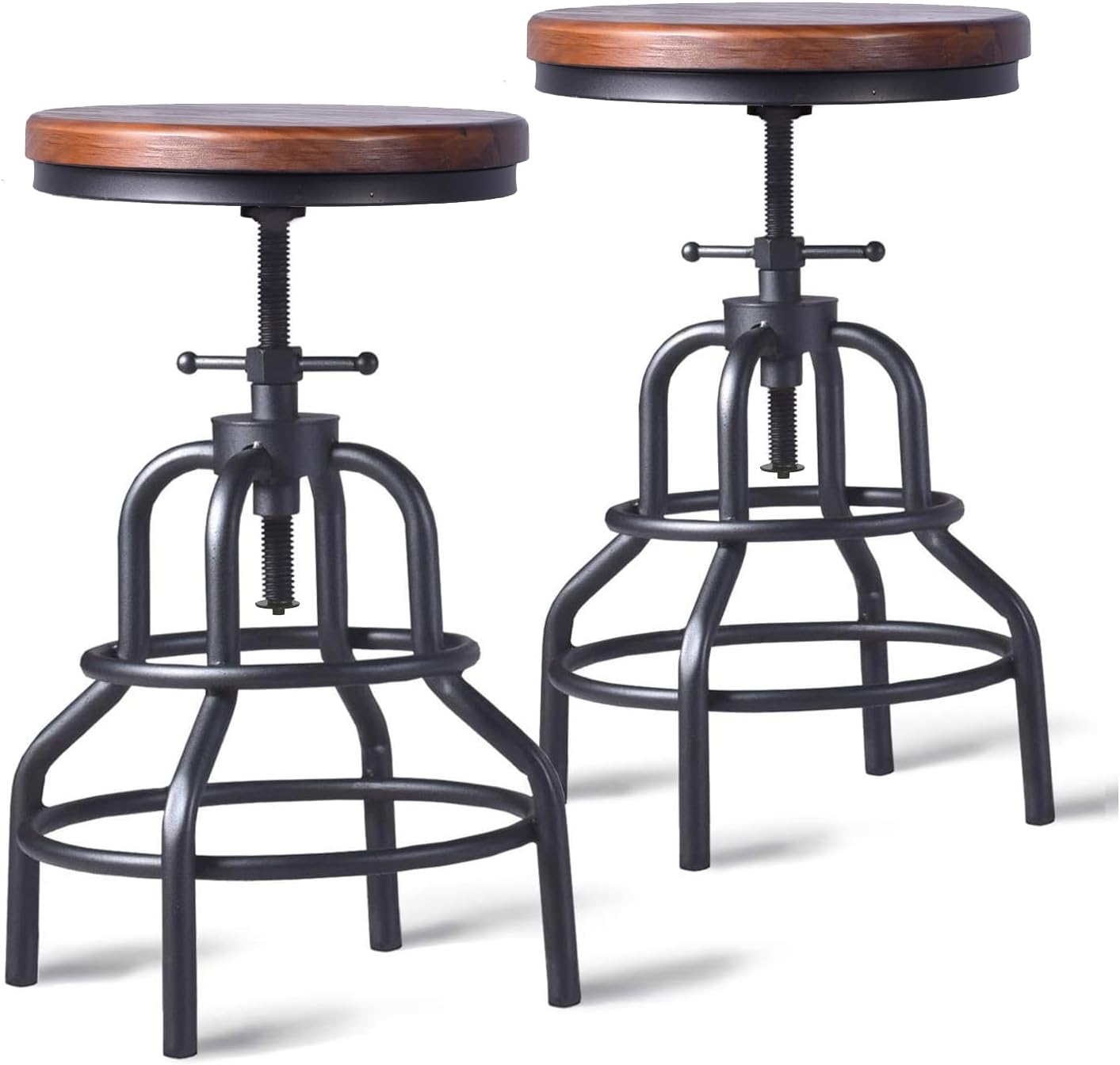 2 Industrial Wood Metal Adjustable Swivel Bar Stools