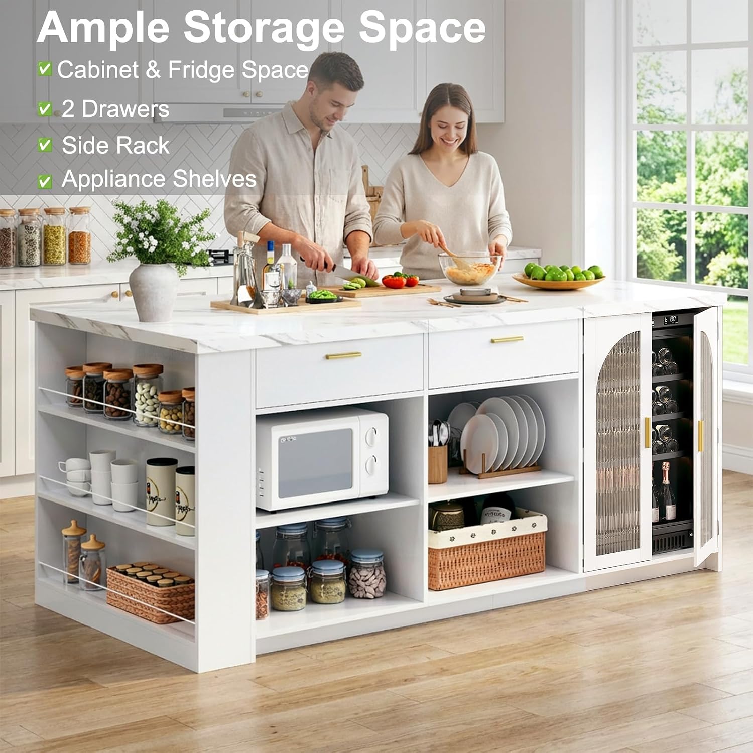 White Marble Storage Kitchen Island Table
