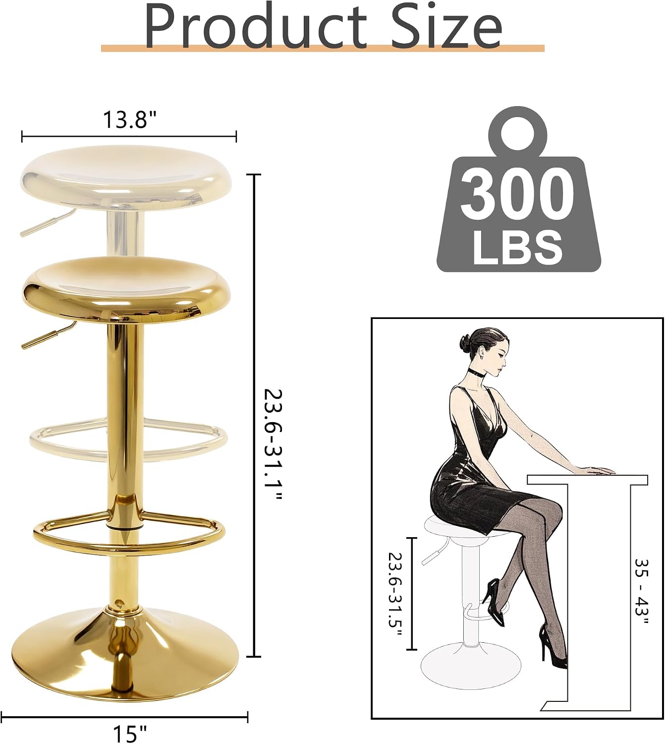 2 Gold Metal Adjustable Swivel Bar Stools