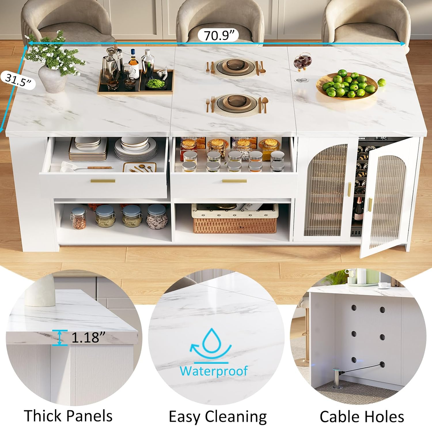 White Marble Storage Kitchen Island Table