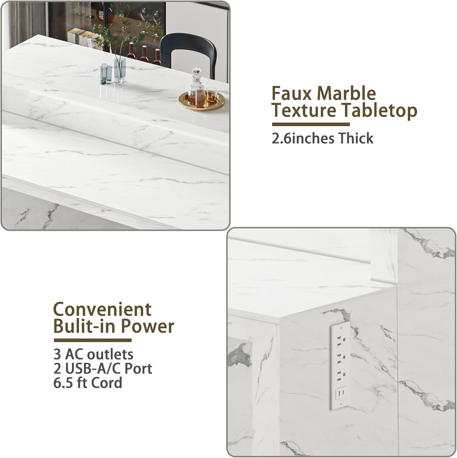 70.9" LED Faux Marble Dining Bar Table with USB Ports