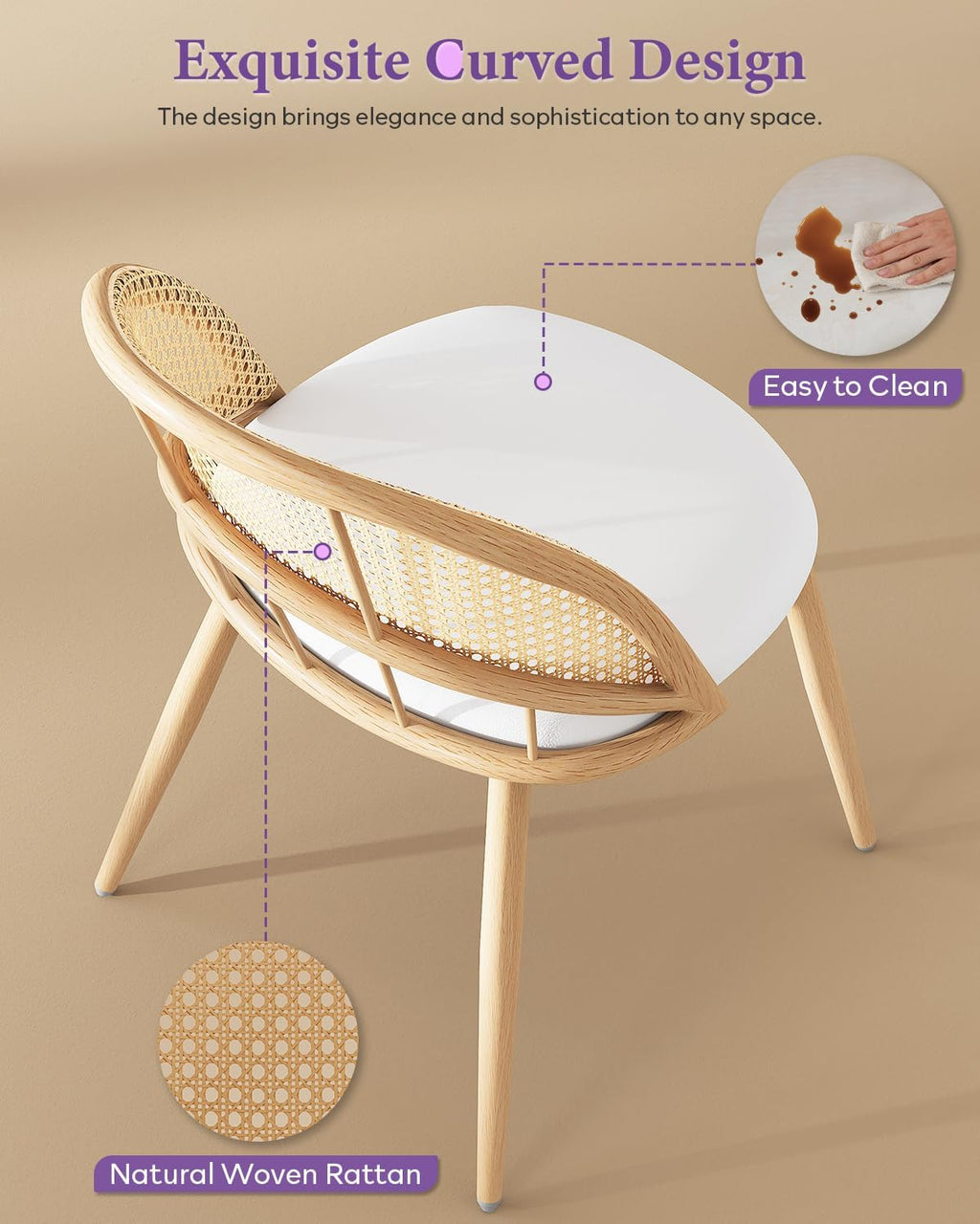 White Faux Leather Rattan Dining Chairs Set of 4