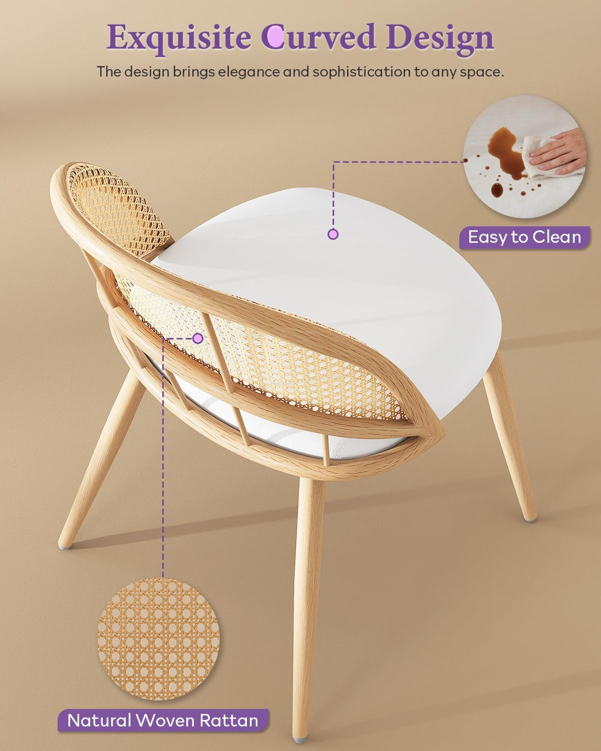 White Faux Leather Rattan Dining Chairs Set of 4