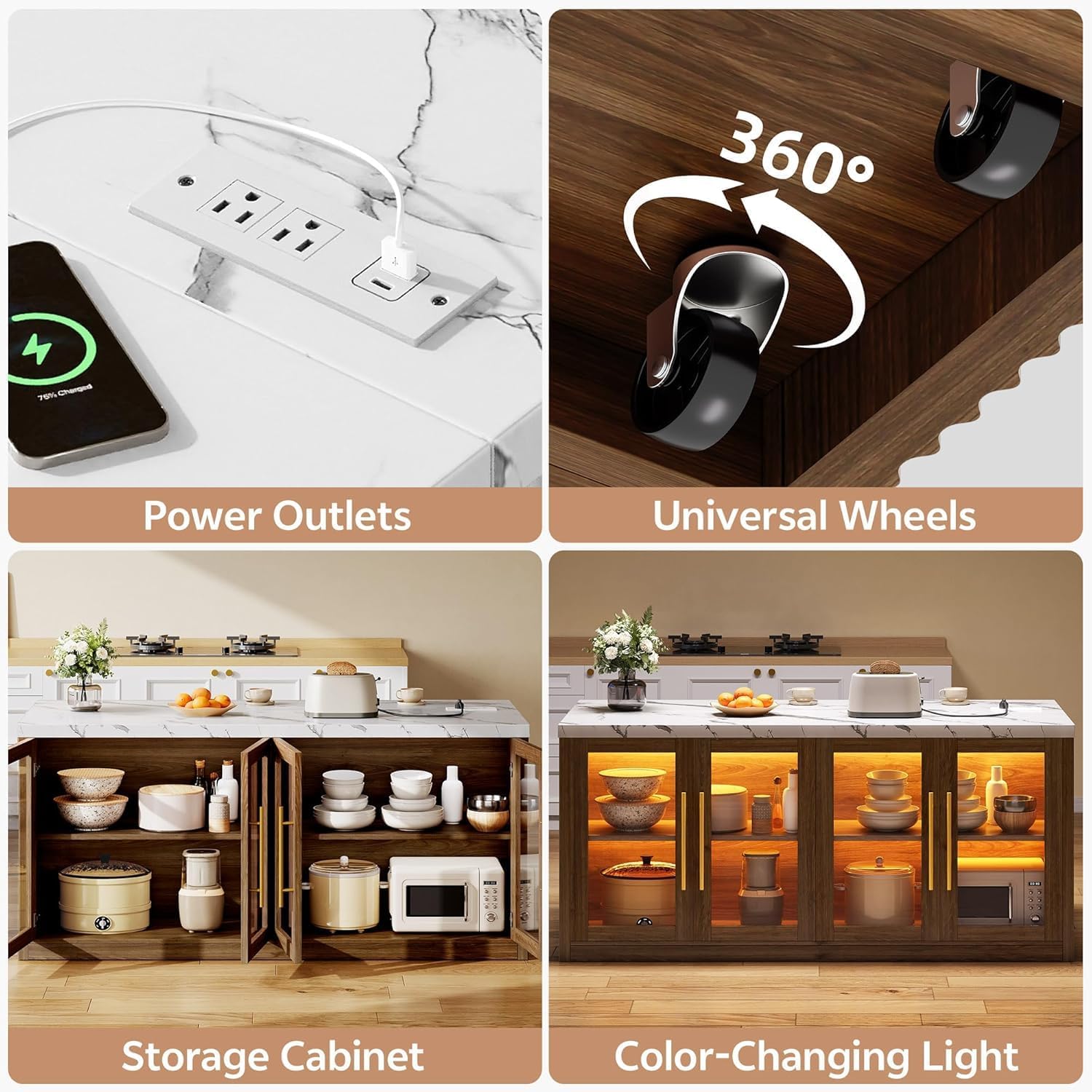 Walnut LED Marble Rolling Kitchen Island