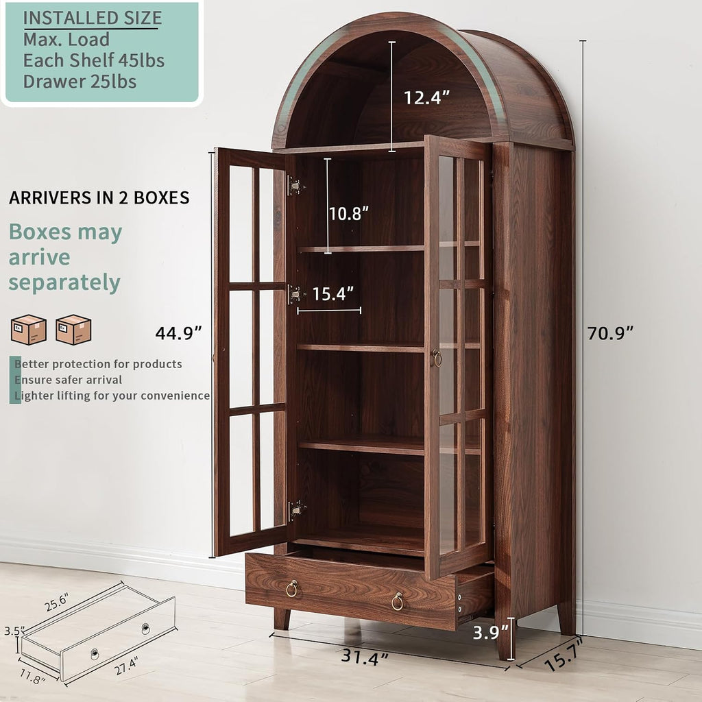 Walnut Farmhouse Arched Display Cabinet