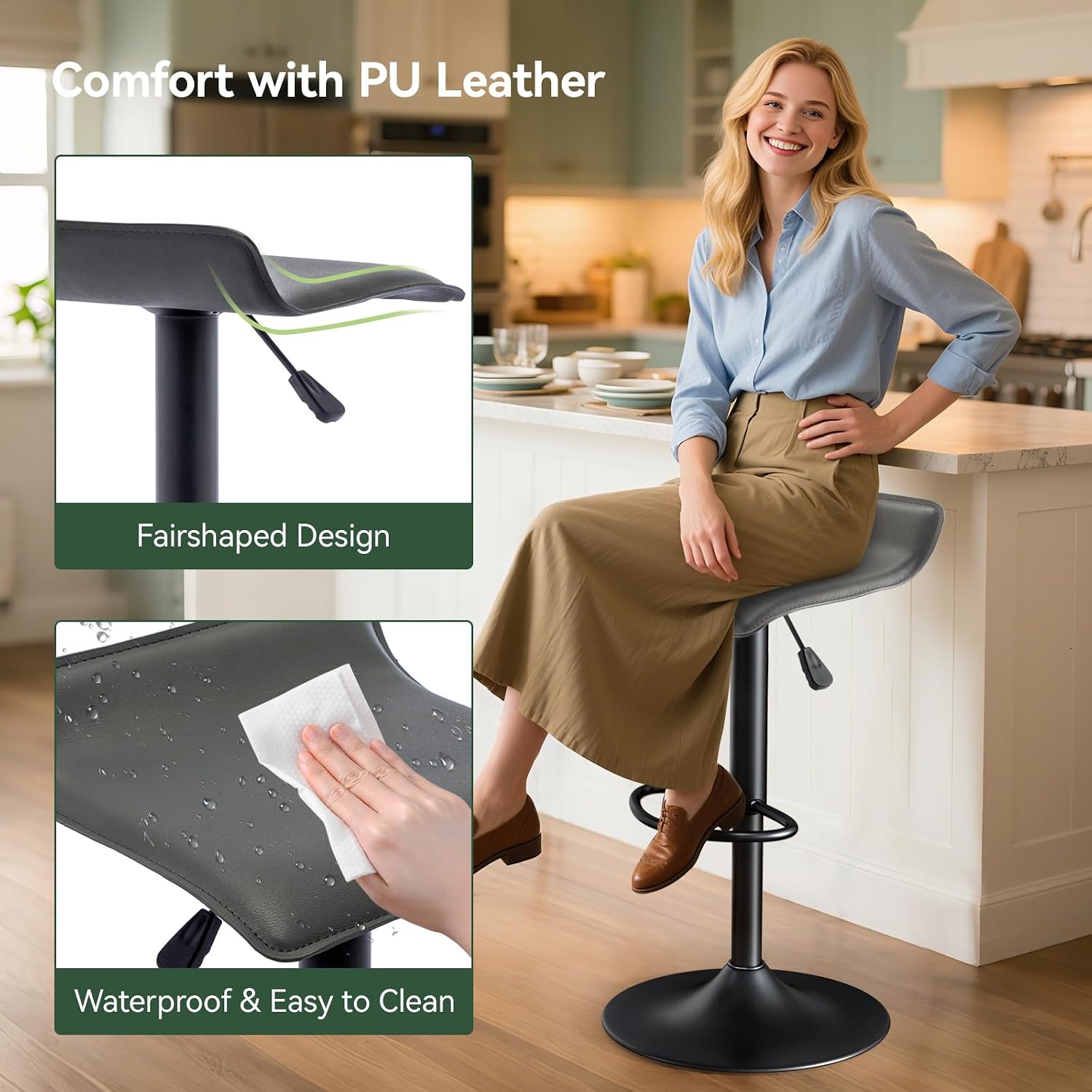 2 Grey PU Leather Adjustable Swivel Bar Stools