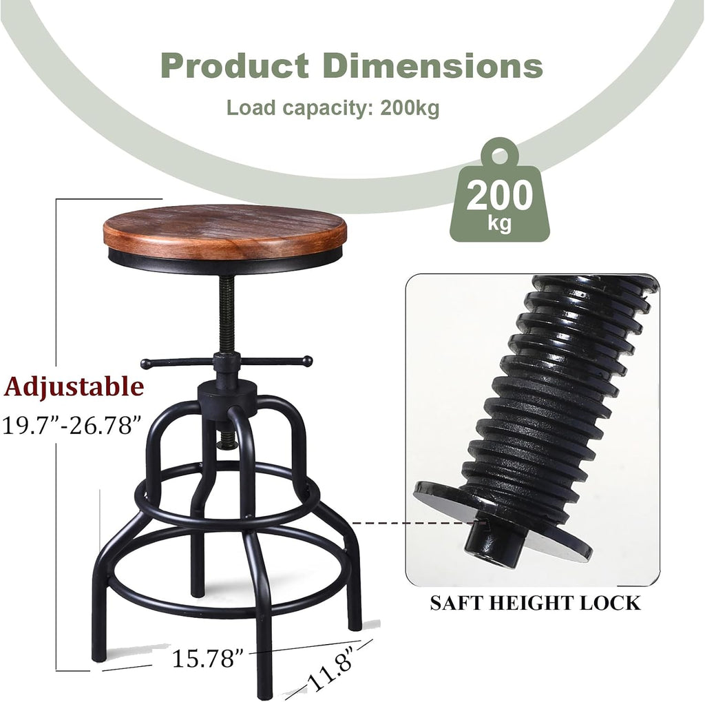 2 Industrial Wood Metal Adjustable Swivel Bar Stools