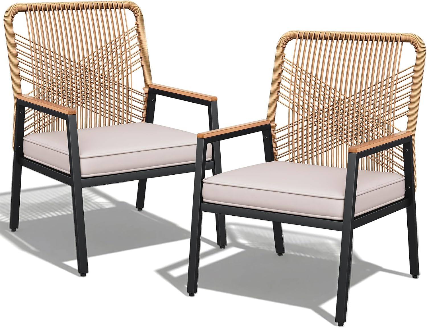 Beige Wide Rattan Patio Armchairs Set of 2