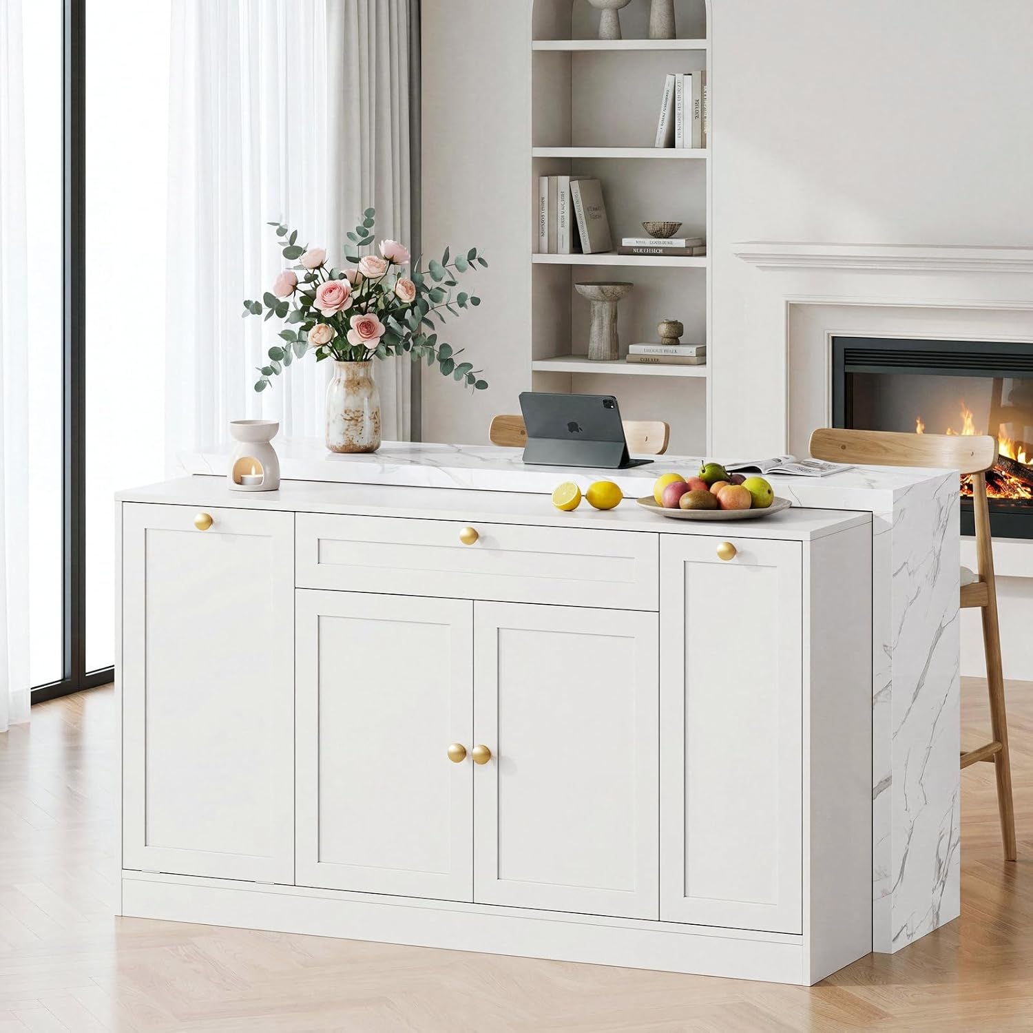 White Marble Kitchen Island with Power Outlet