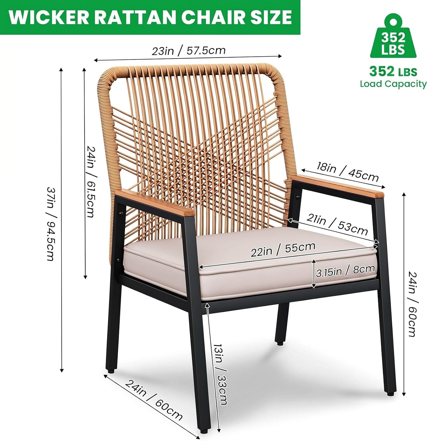 Beige Wide Rattan Patio Armchairs Set of 2