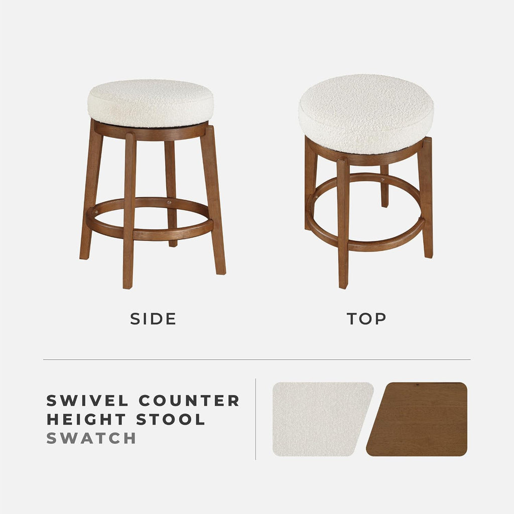 Cream Boucle Wood Swivel Counter Stool
