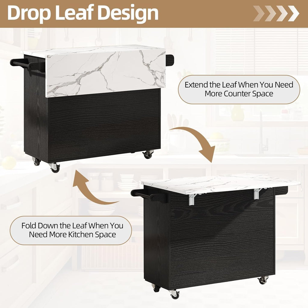 Black Rolling Marble Kitchen Island Cart