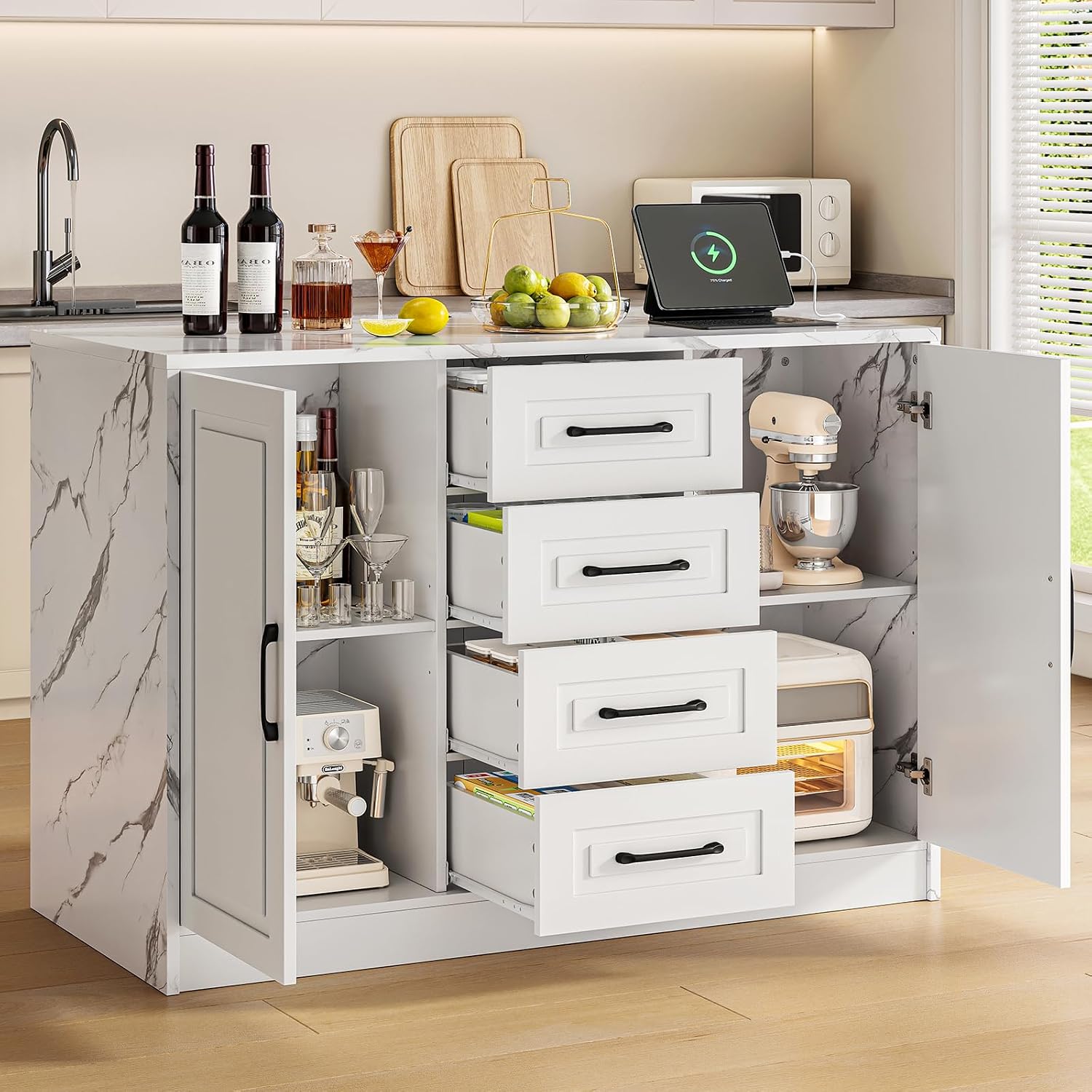 White Marble Kitchen Island with Power Outlet