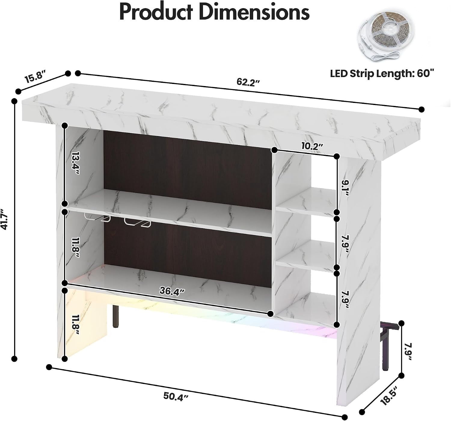 62" LED Marble Bar Table with Storage Cabinet