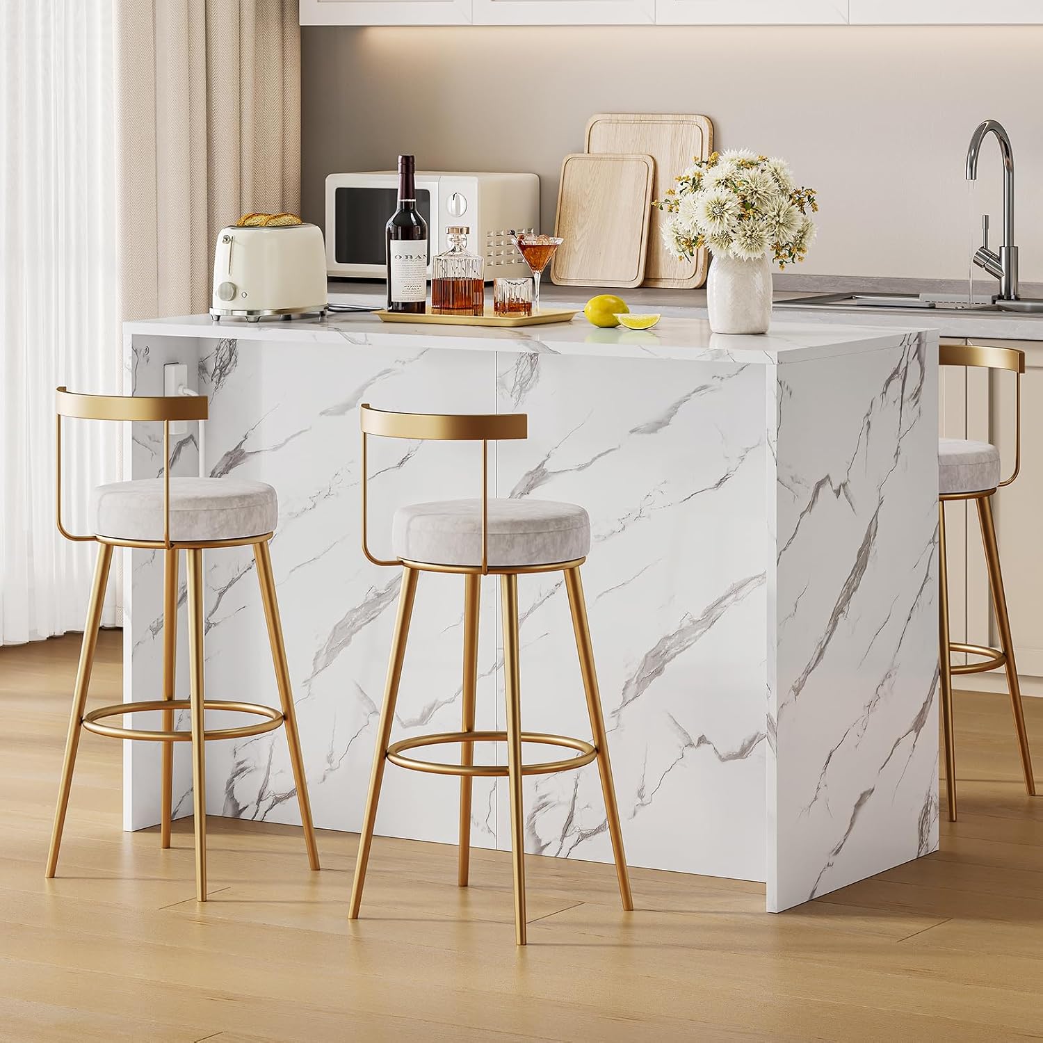 White Marble Kitchen Island with Power Outlet