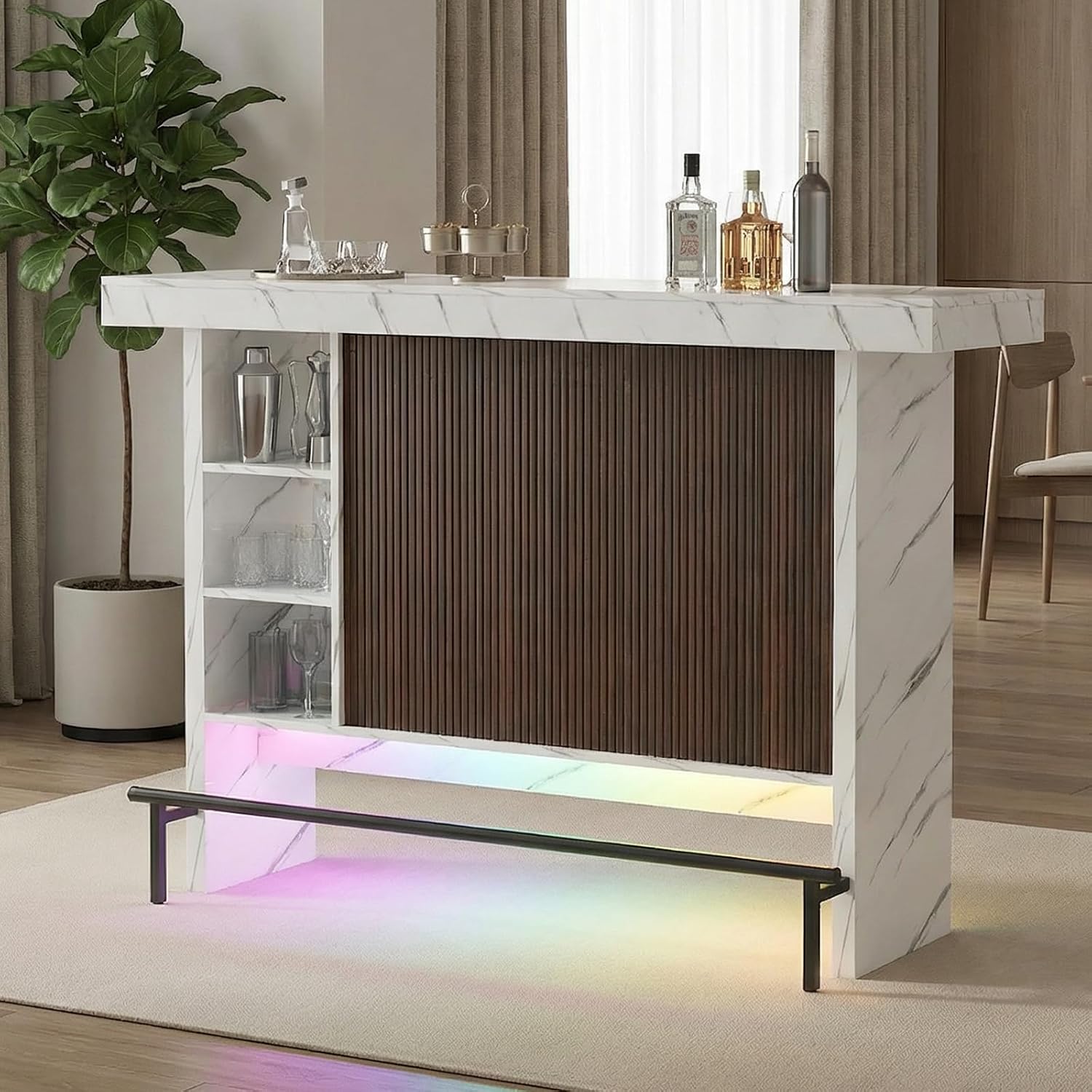 62" LED Marble Bar Table with Storage Cabinet