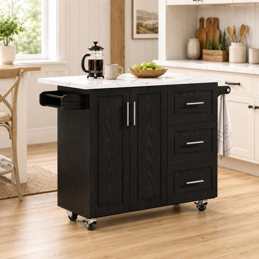 Black Rolling Marble Kitchen Island Cart