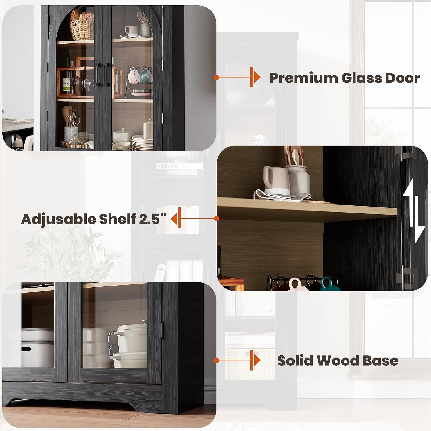 Black Arched Glass Tall Pantry Cabinet