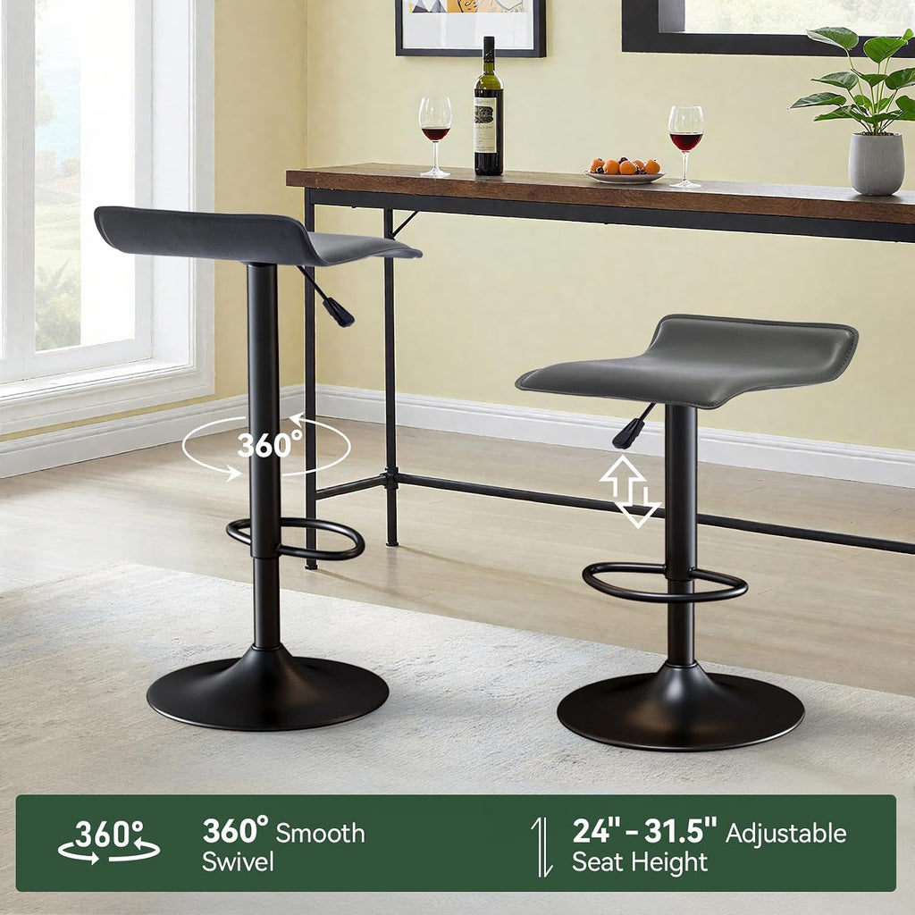 2 Grey PU Leather Adjustable Swivel Bar Stools