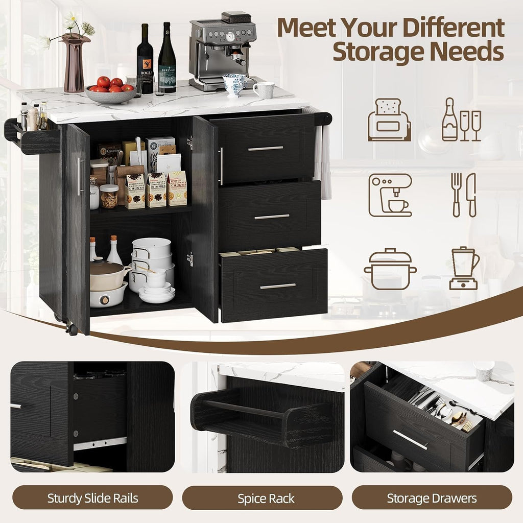 Black Rolling Marble Kitchen Island Cart