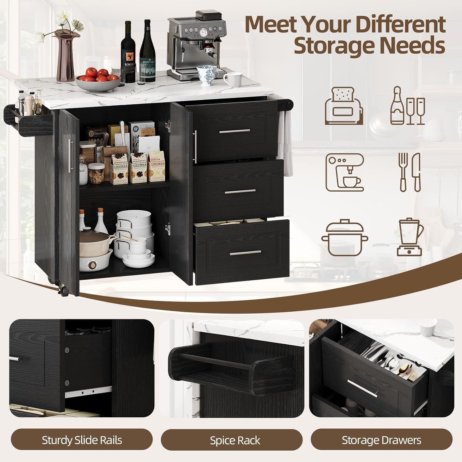 Black Rolling Marble Kitchen Island Cart
