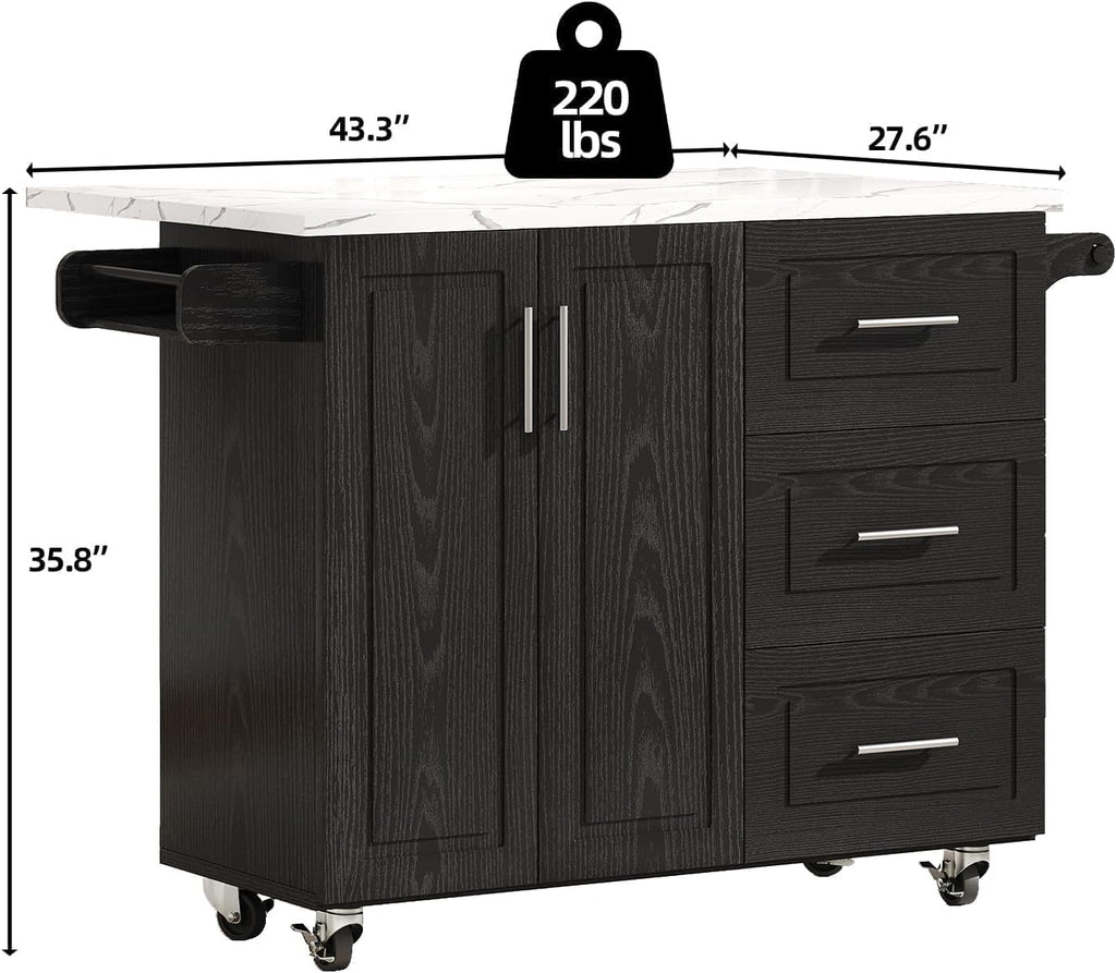 Black Rolling Marble Kitchen Island Cart