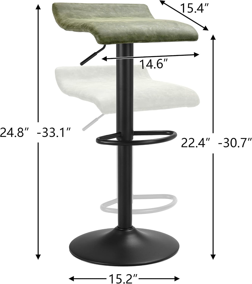 2 Retro Green Leather Adjustable Swivel Bar Stools