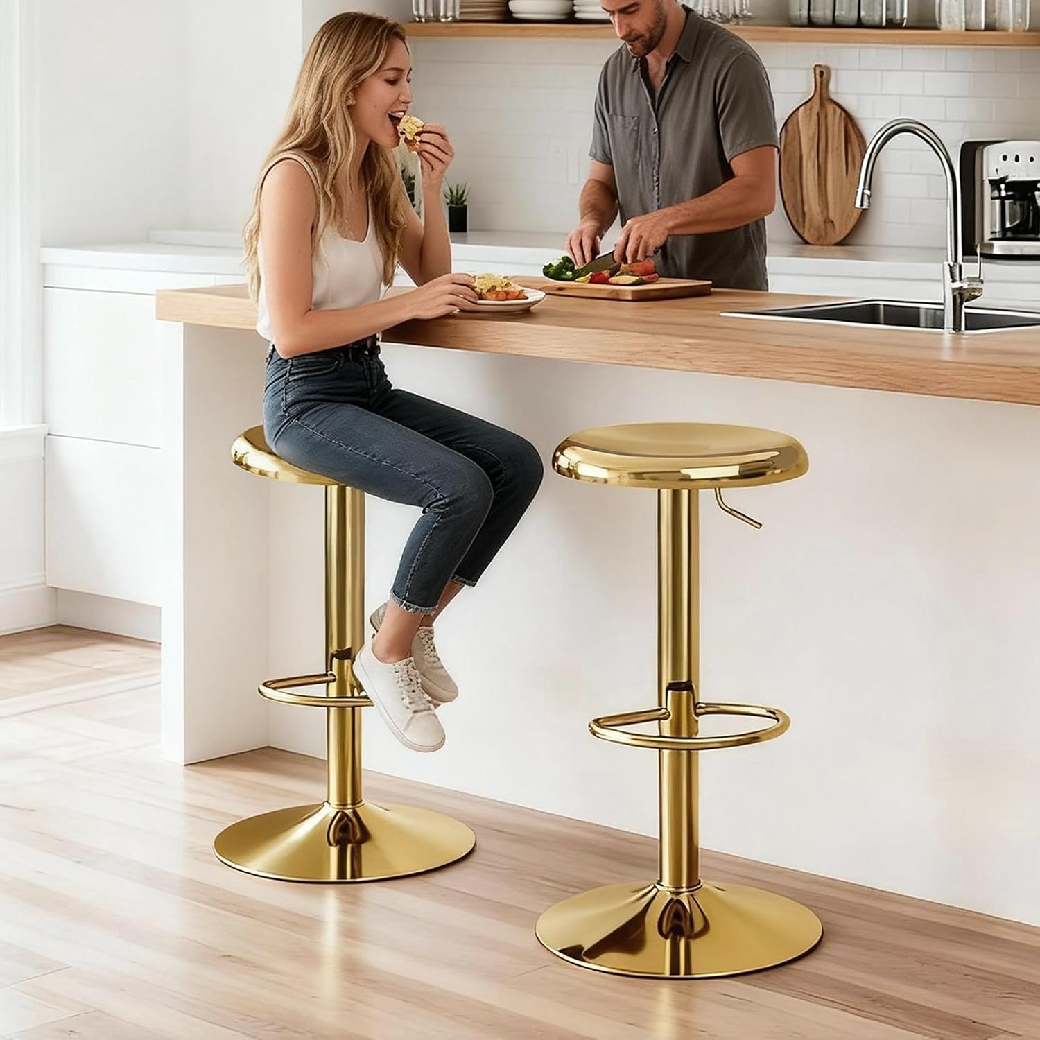 2 Gold Metal Adjustable Swivel Bar Stools