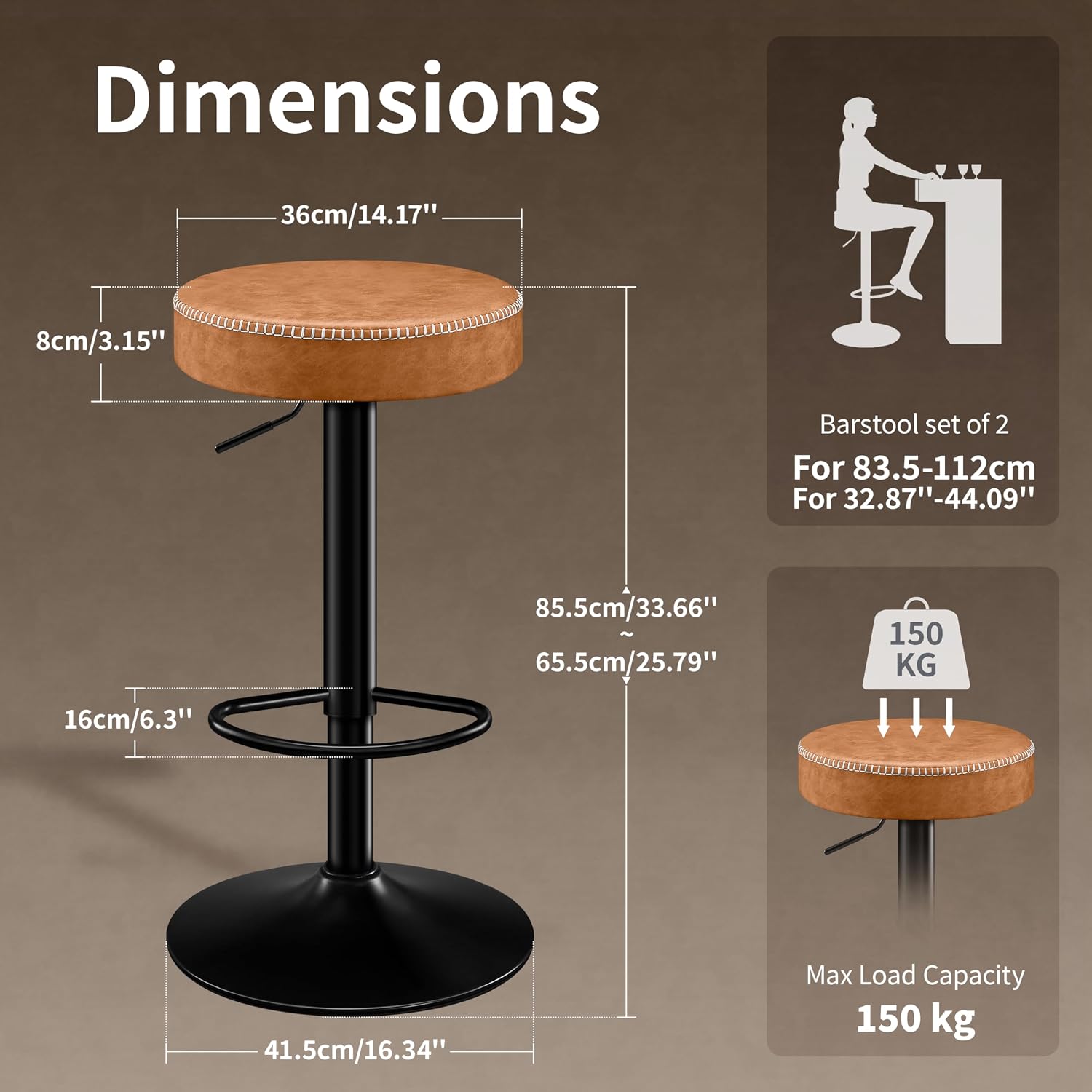 2 Brown Microfiber Adjustable Swivel Bar Stools