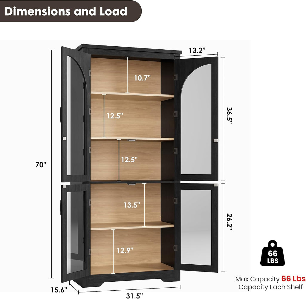 Black Arched Glass Tall Pantry Cabinet