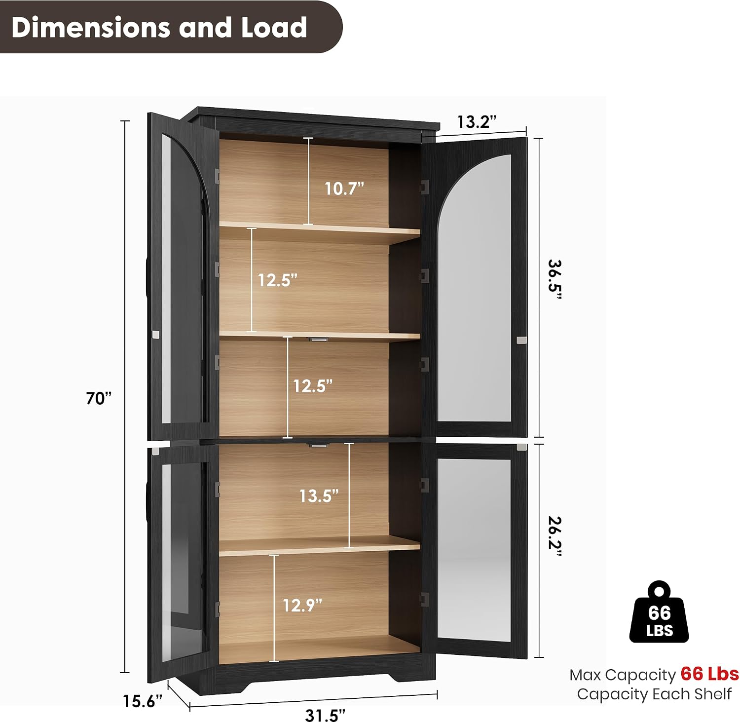 Black Arched Glass Tall Pantry Cabinet