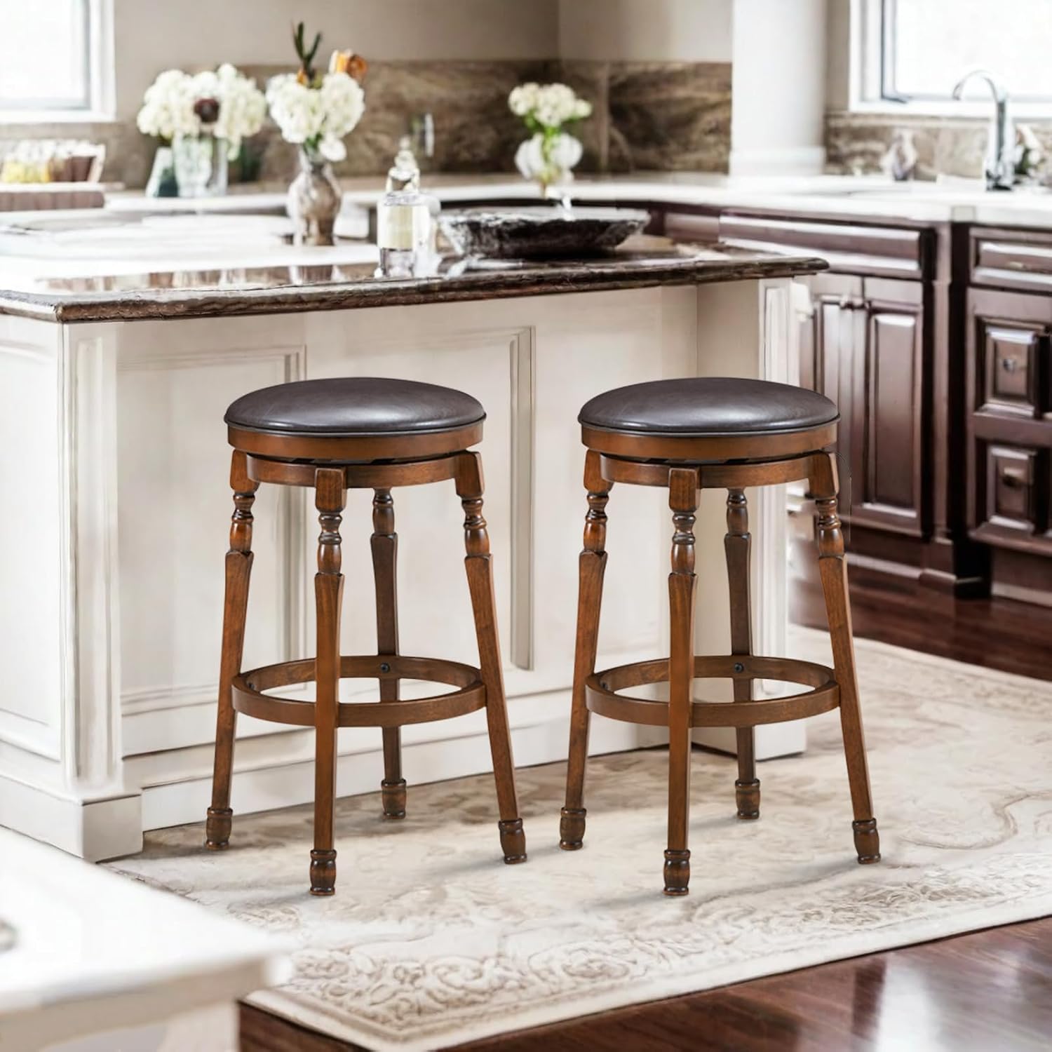 2 Brown Rubber Wood Swivel Bar Stools
