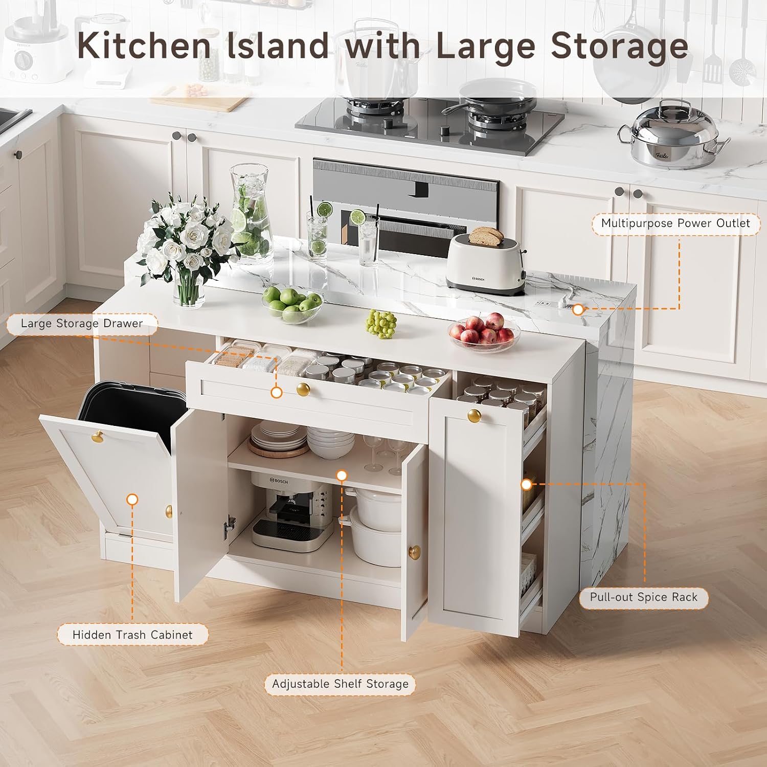 White Marble Kitchen Island with Power Outlet