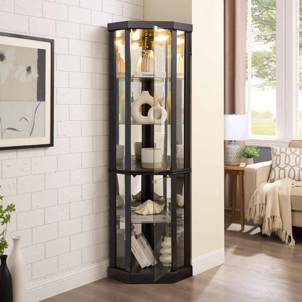 Black Lighted Corner Glass Display Cabinet