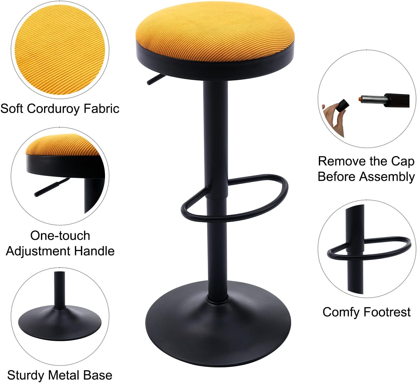 2 Yellow Corduroy Adjustable Swivel Bar Stools