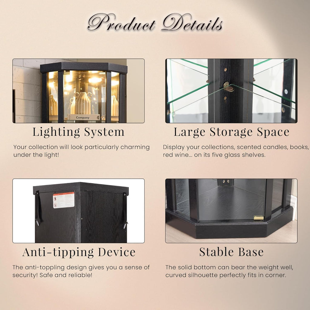 Black Lighted Corner Glass Display Cabinet