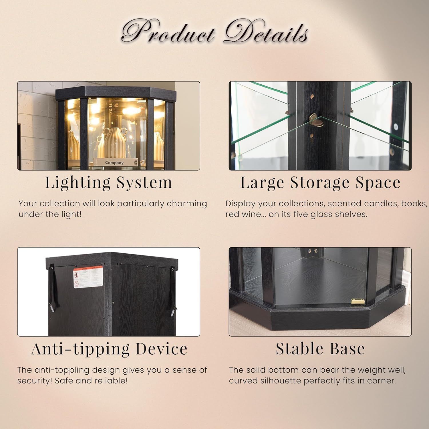 Black Lighted Corner Glass Display Cabinet