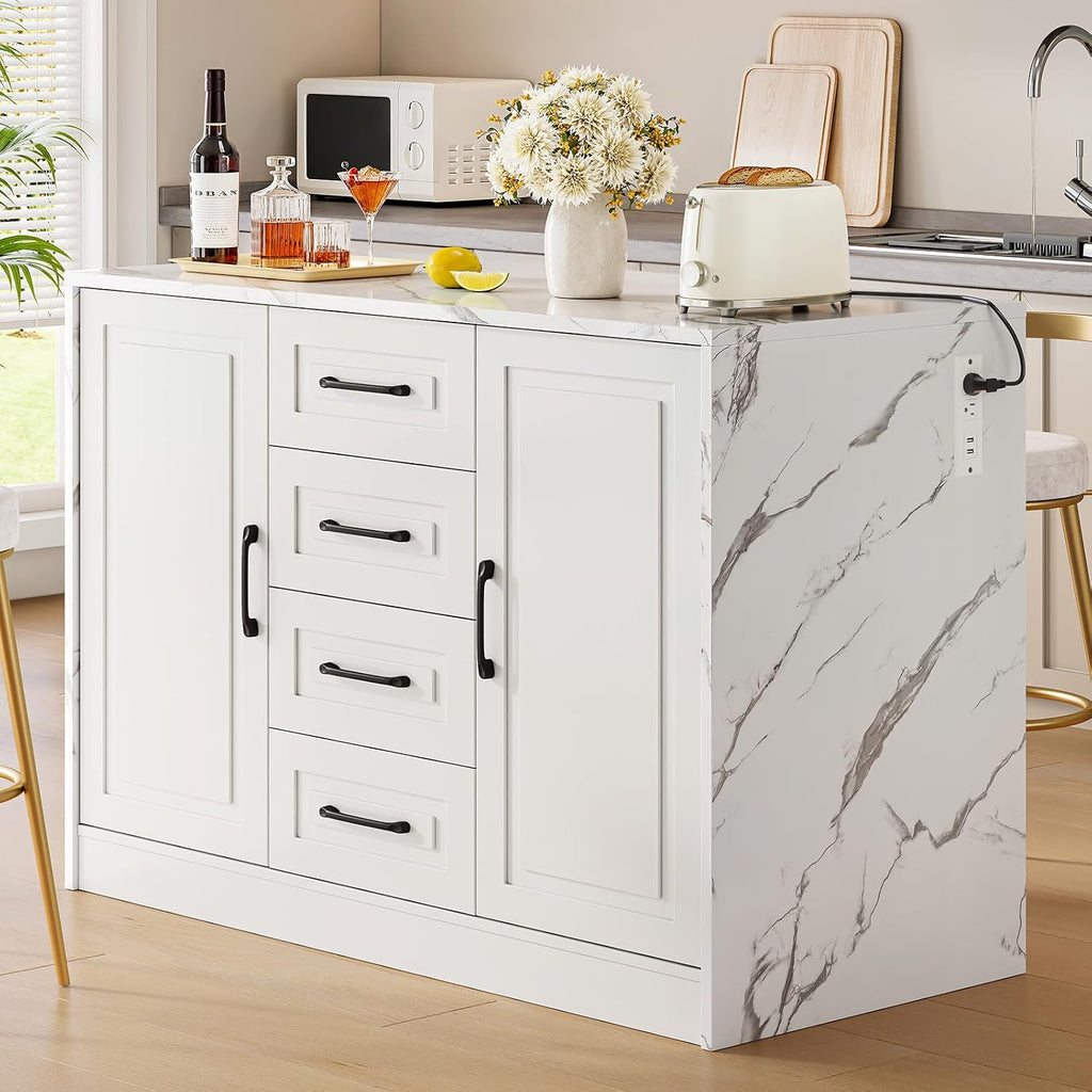 White Marble Kitchen Island with Power Outlet